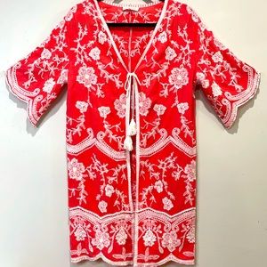 💓ANTHROPOLOGIE szXL SOLITAIRE CORAL AND CREAM DUSTER COVERUP EMBRO…